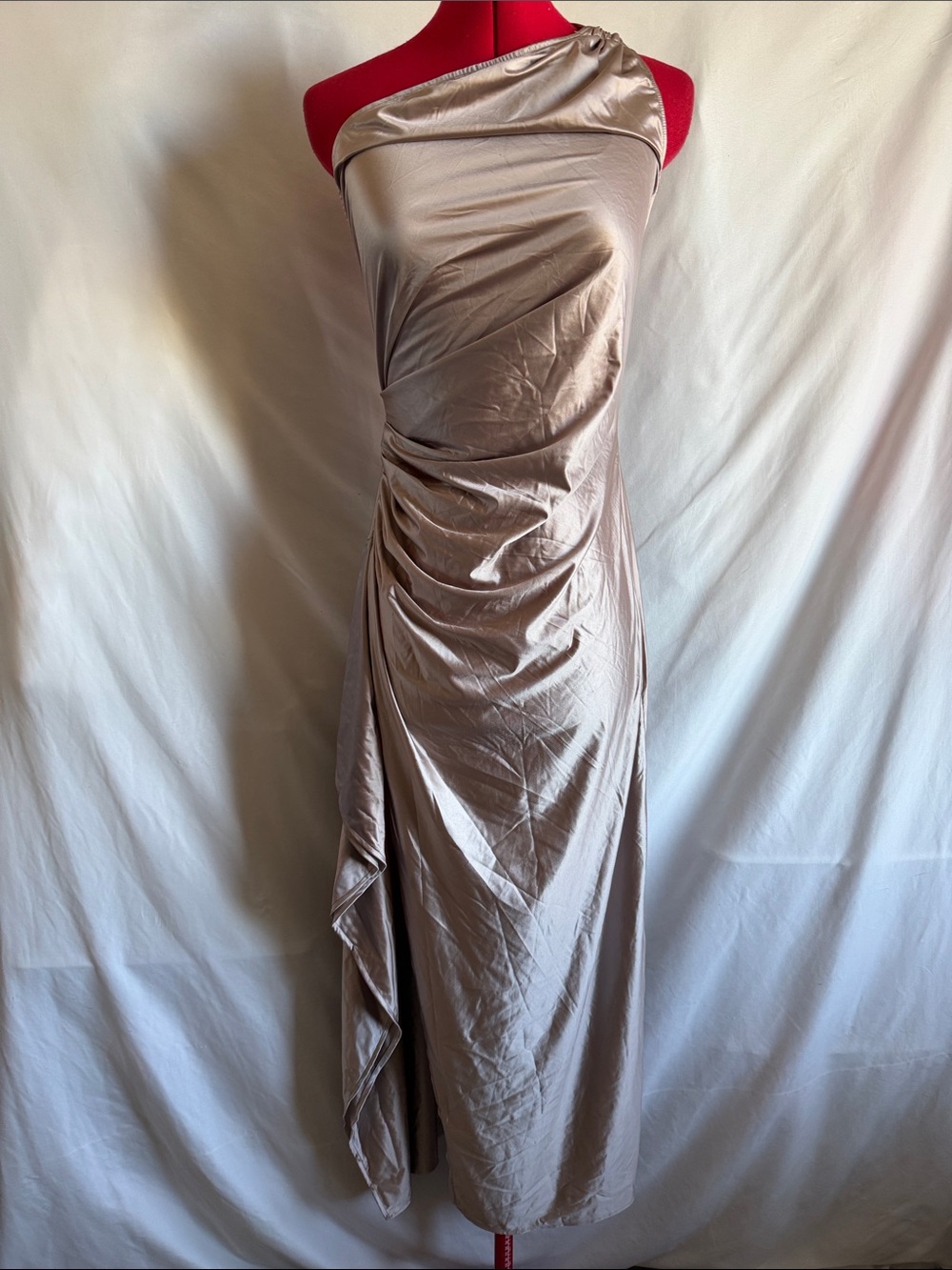 One-Shoulder Ruched Backless Midi Dress in Taupe